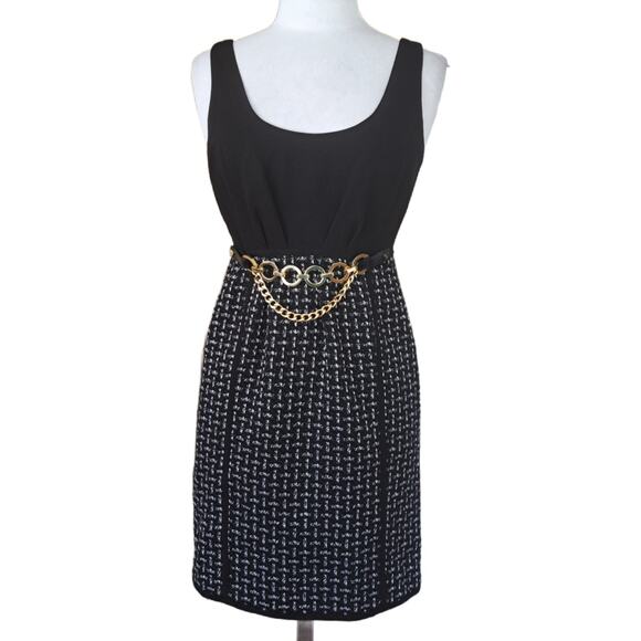 TIBI Gabrielle Tweed Scoop Neck Sleeveless Sheath Mini Dress XS Black Gold Chain - Picture 1 of 12
